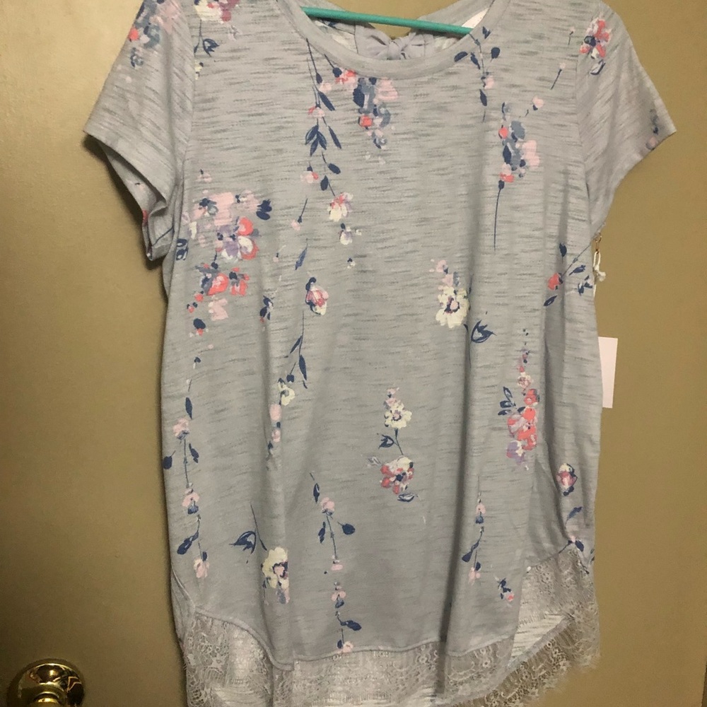 Blue gray floral shirt with tie back